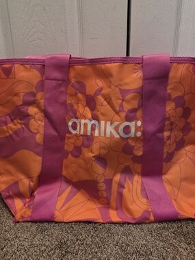 amika Orange and Pink Floral Canvas Tote with Logo